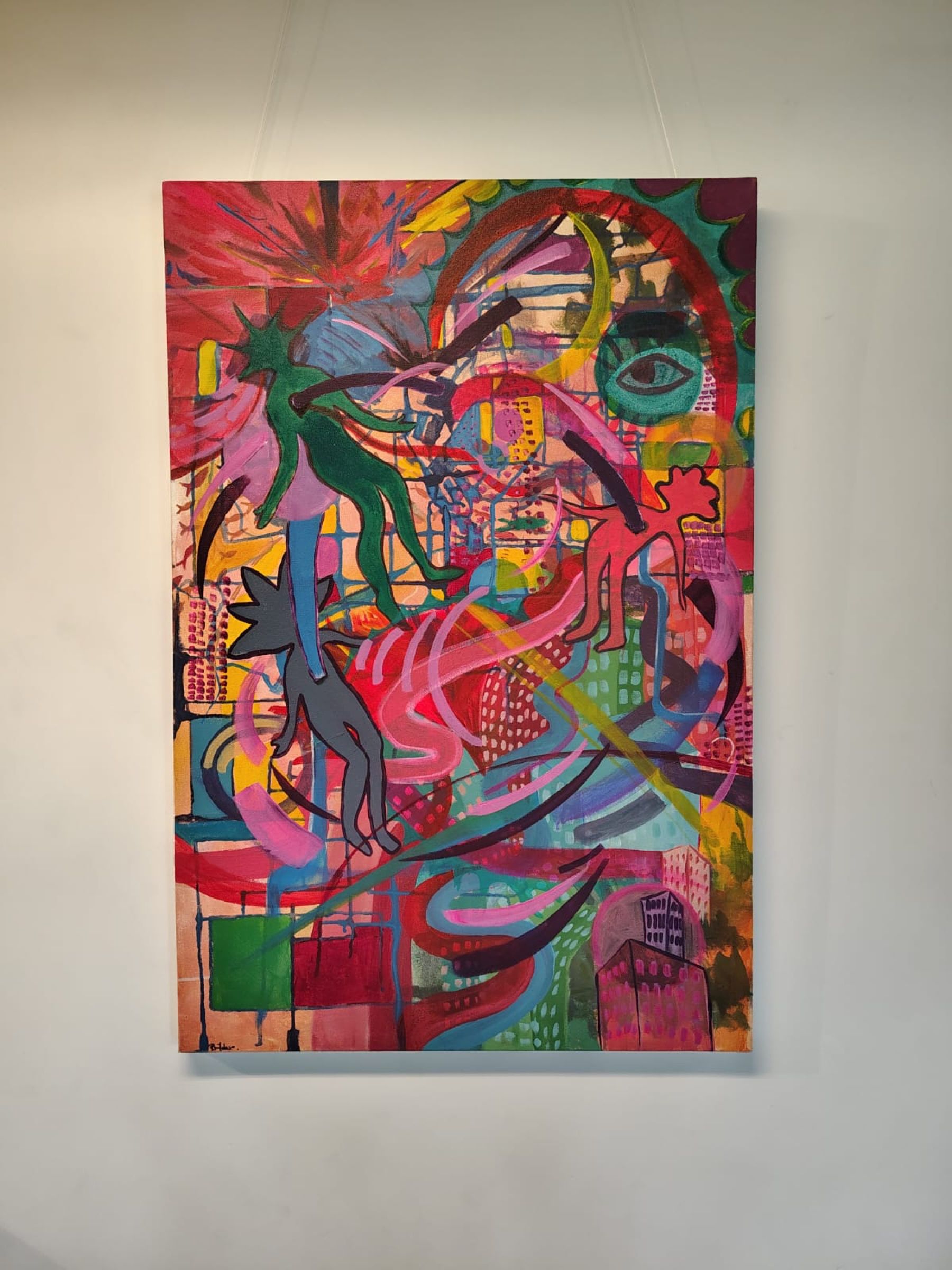 Interdimensional Conference Call, an abstract painting of figures, an eye and layered urban forms in vivid colour.
