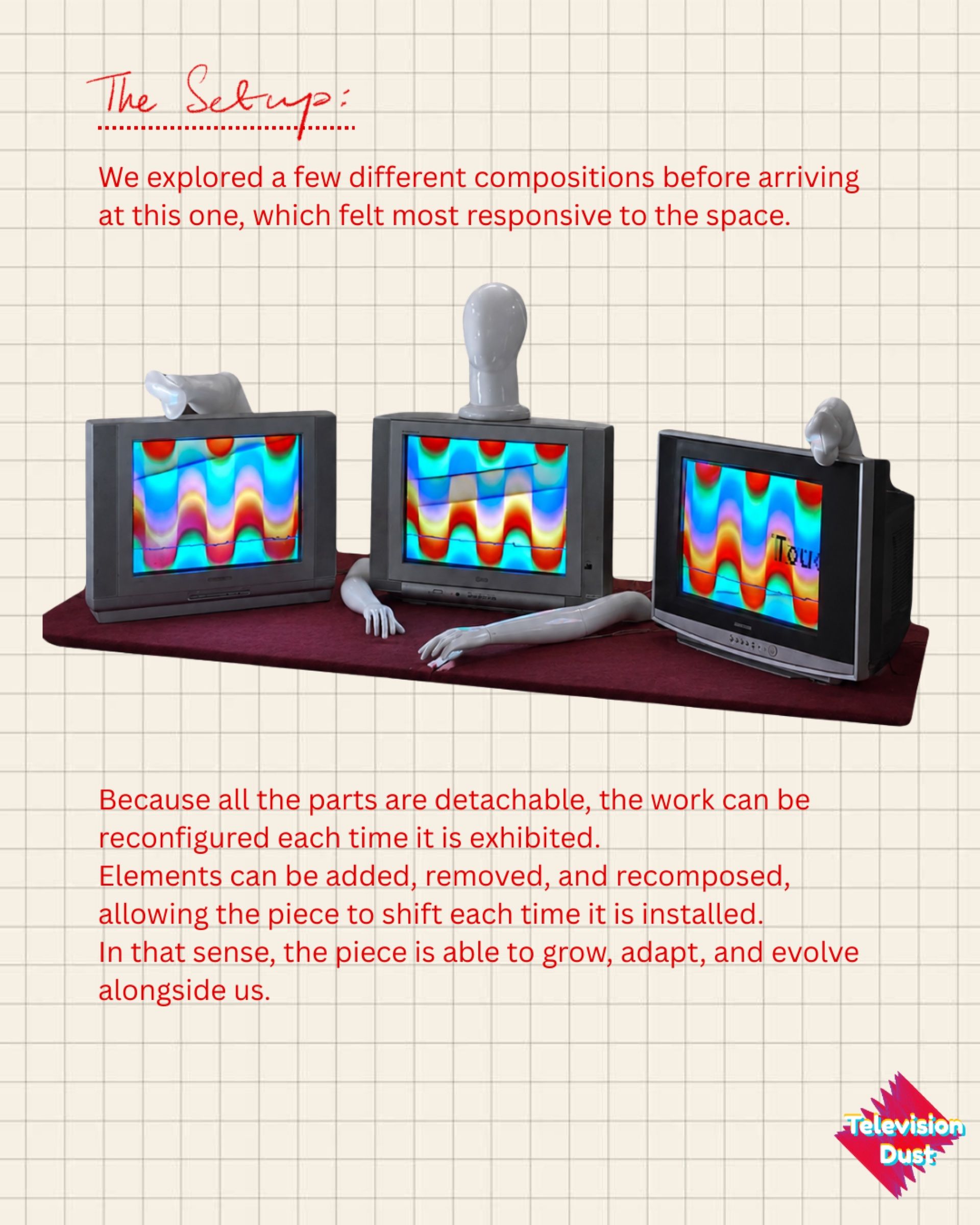Three CRT televisions, mannequin limbs and colourful visuals arranged for the Have A Heart? installation.