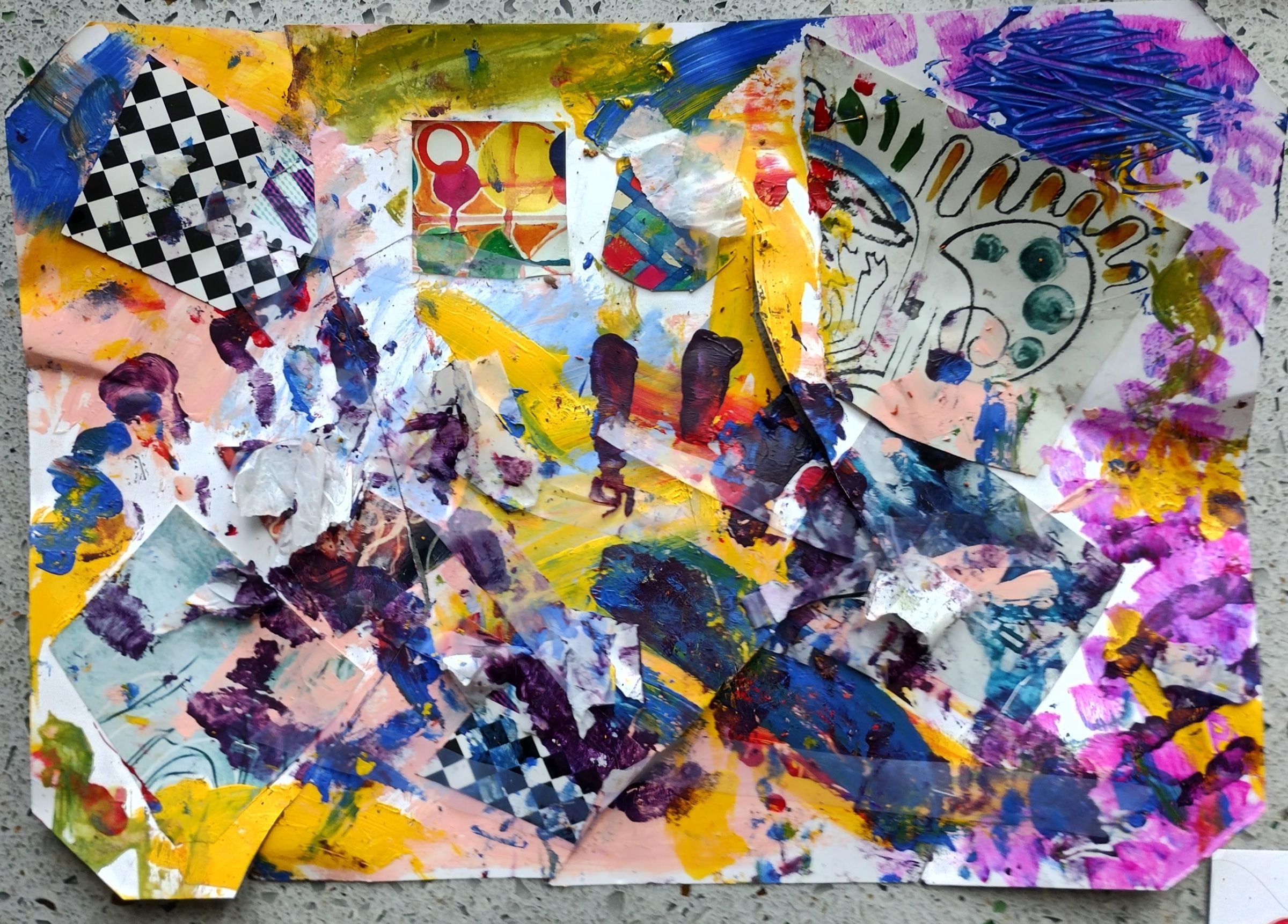 A colourful mixed-media collage combining painted marks, drawings and checkerboard paper.