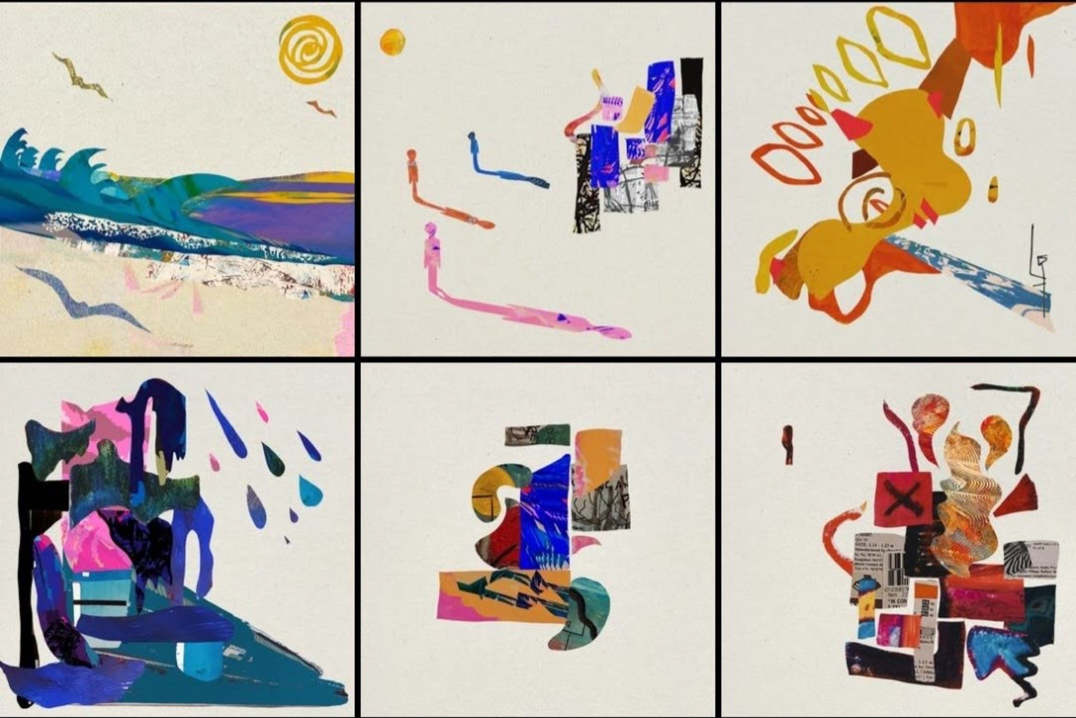 Six mixed-media works from the Cuttings collage series arranged in a grid.
