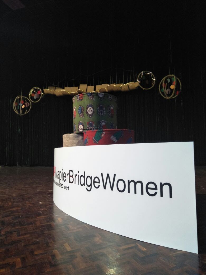 TEDxNapierBridgeWomen stage with a modular fabric installation behind the event sign.