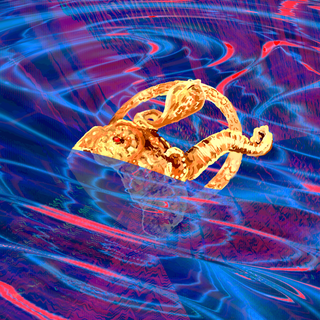 Digitally painted golden crown sinking into vivid blue and magenta water.