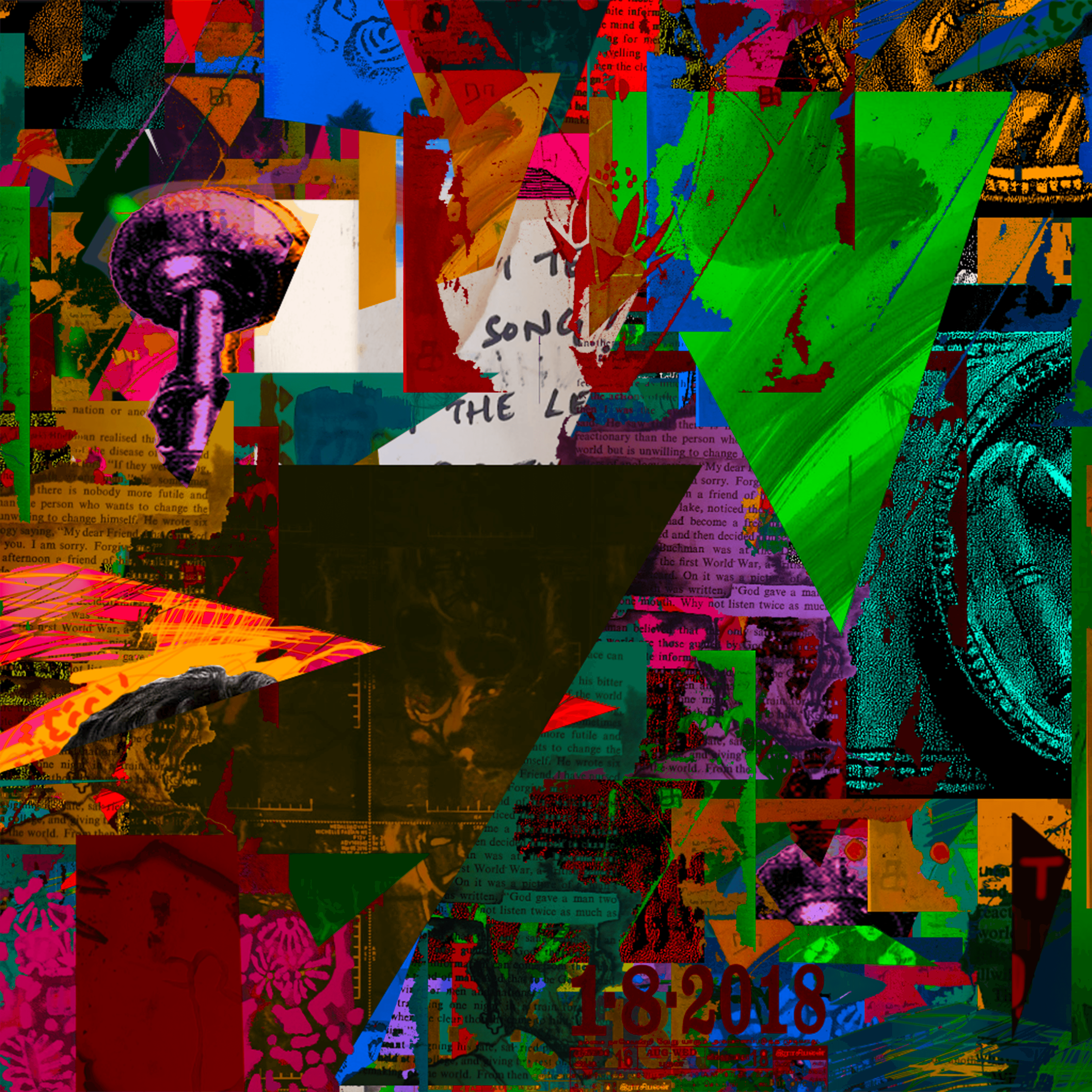 Dense procedural collage layering vivid colour, painted marks, historical images, text and film stills.